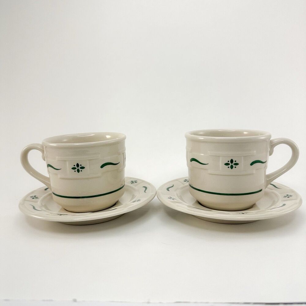 Longaberger Stoneware Classic Green Cup & Saucer Set of 2 USA Made